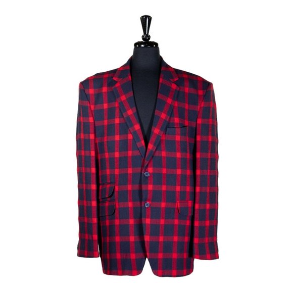 Mens Blazer Blue Red Check Wool Handmade Dress Formal Suit Jacket